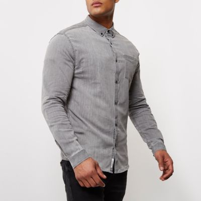Grey denim casual muscle fit shirt